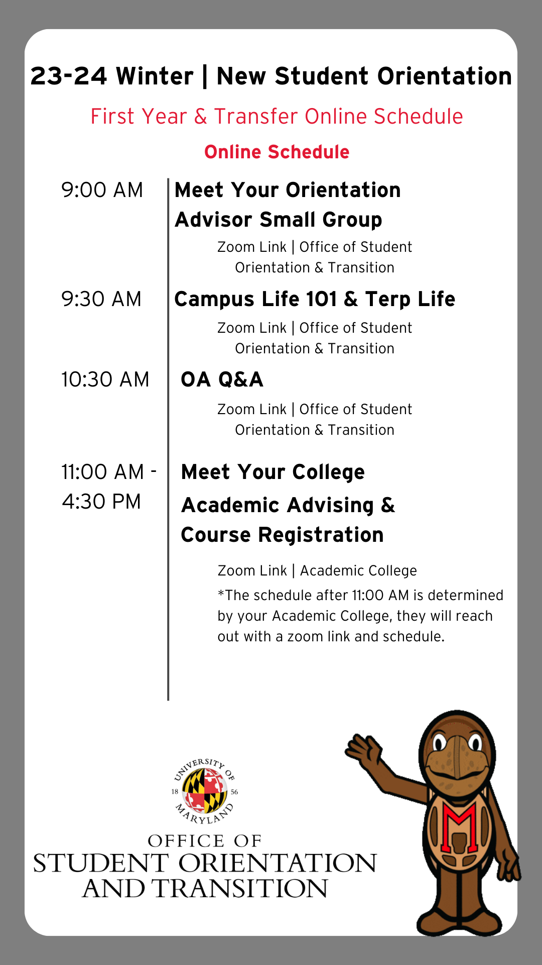 Transfer Registration & Schedules UMD Orientation